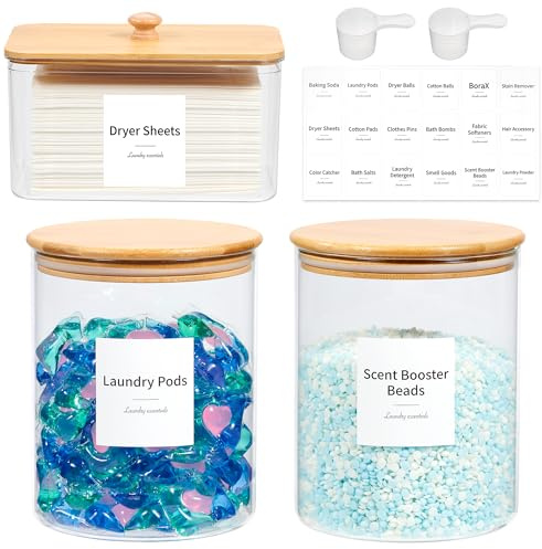 KitHero Glass Laundry Pods Container & Acrylic Dryer Sheet Holder with Bamboo Lids, Scoops & Labels | Premium Laundry Room Organization and Storage for Detergent Pods, Powder, Dryer Balls & Beads