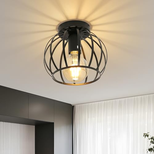 Plafoniera Industriale Vintage, Metallo Gabbia Design Lampada da Soffitto, Portalampada E27, Retro Nero Plafoniera per Soggiorno Camera da Letto Corridoio Portico