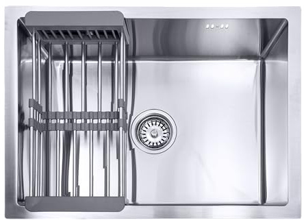 Lendo Online Evier Cuisine 1 Bac avec Egouttoir - Evier Inox avec kit de vidange complet - Bouchon d'eau et Siphon -Acier inoxydable (Argent, 59x44x20cm)