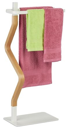 Relaxdays Handtuchständer, 2 Stangen, freistehend, HxBxT: 78 x 40 x 20 cm, Bad Duschtuchhalter, Stahl & MDF, weiß/Natur