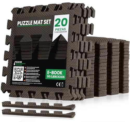 unycos - Alfombra Puzzle EVA para Gimnasio, 20 Piezas, 30x30x1 cm, Marrón | Antideslizante, Impermeable y Expandible, Cubre 1,80 m², Fácil de Limpiar e Incluye E-book para Yoga, Pilates y Fuerza