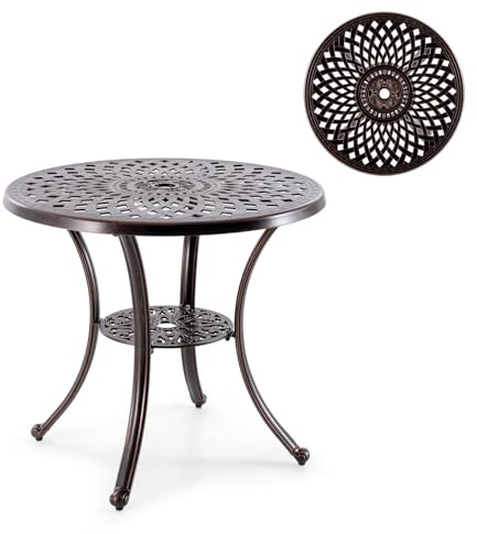 KOMFOTTEU Table de Bistrot Ronde en Fonte d'Aluminium, Table de Patio avec Pieds Réglables, Charge de 70 kg, Table Basse de Jardin avec Trous pour Parasol, Style Vintage, φ79 x 71cm (H)