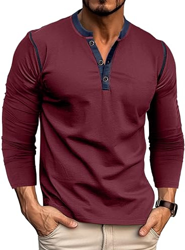 MakingDa Henley-skjortor för män långärmad knapp vintage solid golf normal passform farfarströja vardaglig klassisk mjuk andningsbar lätt arbetskläder gym smarta toppar, Röd, XL