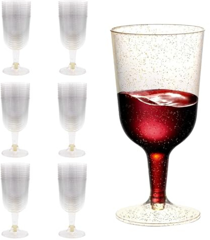 Gohytal 50 Plastic Cocktail Gold Glitter Wine Glasses (150ml), Reusable Stemmed Party Wine Cups for Whiskey Champagne Beer Cocktails, Dessert, Large Parties, Weddings, Birthdays, Picnic
