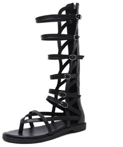 LITNERMIA Botas de gladiador romanas para mujer, sandalias altas hasta la rodilla para mujer, zapatos planos de verano con hebilla y clip para los dedos, Xl1968 16 Negro, 39.5 EU