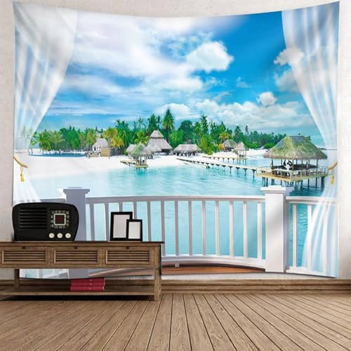 Mesnt Wandteppich Strand Groß, 350x256cm Balkon Kokosnussbaum Strand Meer Landschaft Wandteppich für Schlafzimmer Wohnzimmer | Blau Grün Weiß