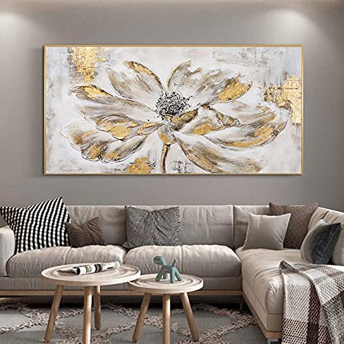 Ölgemälde mit Blumenmuster, für Wohnzimmer, Schlafzimmer, gerahmt, 70 x 160 cm, Schwarz / Weiß / Grau