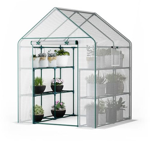 locwanot Mini-växthus med hyllor, 143 x 143 x 195 cm upprullad dragkedja dörr och nätfönster för trädgårdsskötsel – hållbar grön PE-polytunnel för utomhusbruk vit