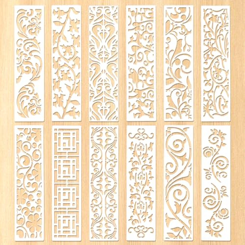 JJUNW 12 Stück Schablonen zum Malen, Kunststoff Geometrische Mustertextur Schablonen Set Wiederverwendbar Scrapbooking Malschablonen für Holz Boden Möbel Wandgestaltung Leinwand Stoff DIY (30 x 8 cm)