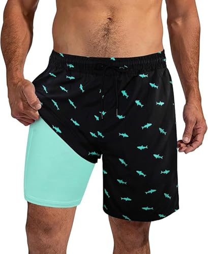 XiaoMoSha Mens Swimming Shorts Men Swim Trunks with Compression Liner 7 Quick Dry 2 in 1 Board Shorts for Beach Surfing, Black, M