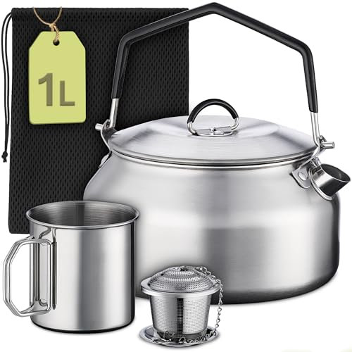 Praknu Bouilloire de camping 1 l en acier inoxydable – Bouilloire, gobelet, passoire à thé et sac – Empilable – Feu, cuisinière à gaz – Poignée en silicone résistante à la chaleur – Passe au