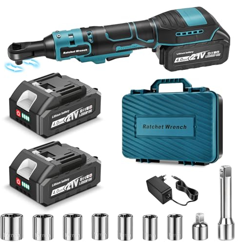 Yofuly Clé à Cliquet électrique Compatible avec Makita 18V 21V, 2 * 4000mAh Batteries 3/8 Clé à Cliquet Sans Fil, 60 Nm, 320 tr/min, Vitesse Variable avec 8 Clés à Douille, Tige d'extension
