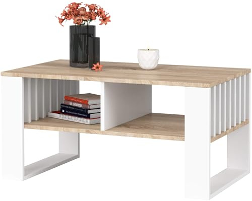 AKORD | Tavolino da Salotto in Legno - ROCKFORD | Tavolo da Caffè con gambe un Ripiano | Coffee Table | Tavolini Basso Moderno | Arredamento Casa | 92 x 45 x 53 cm | Quercia Sonoma & Bianco