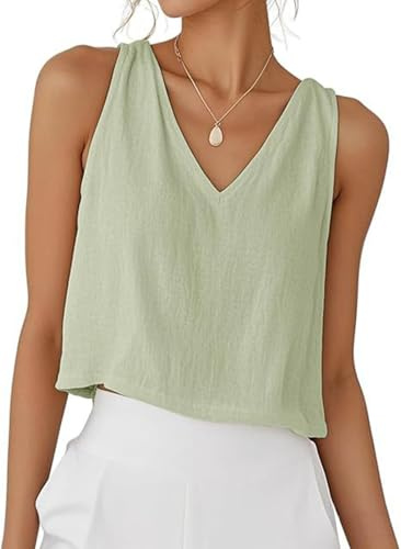 PADOLA Débardeur Femme Lin Chic et Élégant Col V Debardeur Court Été Uni Top sans Manche Coton Basique Tee Shirt Grande Taille Lâche Haut Fluide Débardeurs Ample Caraco (1 Vert Clair, L)