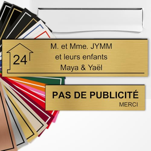 Plaque boîte aux lettres personnalisée 10x2,5cm adhésive + Plaque Pas de Publicité 8x2cm - Gravure Laser – 22 Couleurs – Avec ou Sans Motif (Or brossé texte noir)