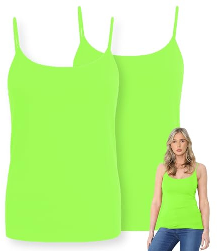 janisramone® Dam Cami Strappy Bodycon Linne, förpackning med 2 Ärmlösa Scoop Neck Väst Toppar Kvinnor UK, Stretchig, Slim Fit Gym Wear, Plain Casual Sommar Damer Camisoles, NEONGRÖNT, 38/40 SE