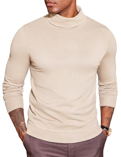 COOFANDY Mens Turtleneck Jumpers Roll Neck Tops Turtle Neck Sweaters Long Sleeve Polo Neck Jumpers Lightweight Winter Knitted Jumper Pullover Beige S