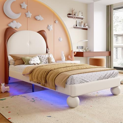 Kebnor Polsterbett, Einzelbett, Kinderbett, Katzenohren-Kopfteil, Farblich anpassbare LED-Lichtleiste unter dem Bett, Stabile Lattenroste, PU, Beige + Gelbbraun, 90x200cm