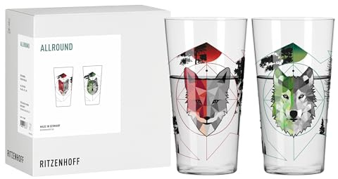 RITZENHOFF 8123001 Universalglas 400 ml - 2er Set - Serie Jäger & Sammler - Motiv Fuchs, Wolf, in Grau, Grün, Rot - Made in Germany