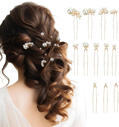 12 Pieces Gold Bridal Pearl Hair Pins for Wedding Party, Pearl Bobby Pins for Women's Hair, Wedding Hairstyles Accessories for Brides Bridesmaid Girls Various Sizes