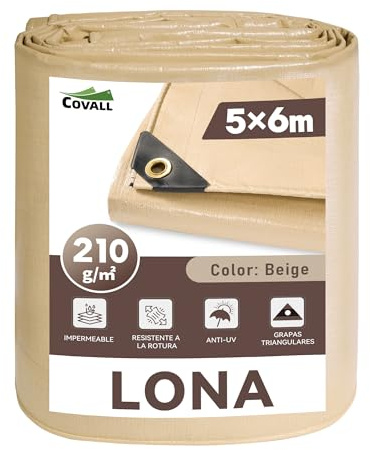 COVALL Telone Impermeabile Esterno 5x6m 210g/m² Beige Telo Anti-UV | con occhielli rinforzati, tutte le stagioni, ideale per cantiere, legna, campeggio, piscine e uso esterno