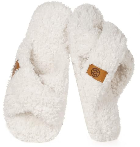 Dokela Pantoufles Femme Mousse à Mémoire Chaussons Peluche Chaud Bandes Croisées Bout Ouvert Chaussures Antidérapantes Slippers,Blanc,38/39 EU