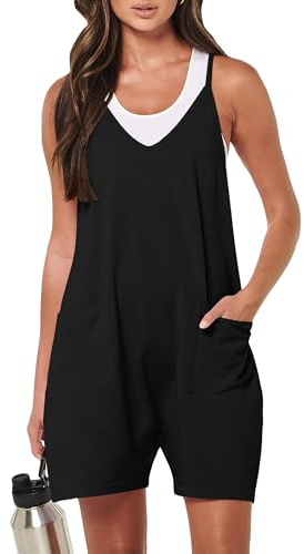 YGJIEGENG Womens Dungarees Summer Rompers Casual Sleeveless Spaghetti Strap Shorts Jumpsuit Overalls Wide Leg Short Romper Outfits with Pockets,Black,M