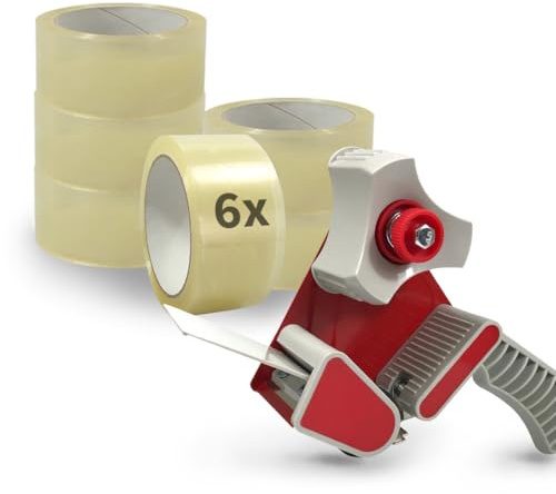Packband Handabroller Set inkl. 6 Rollen Verpackungsklebeband (50 mm x 66 m) – Hotmelt Kleber, PP-Folie, für Paket- und Versandkartons, professionelles Abroller-Set
