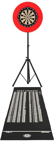 Premium Dartset med Självläkande Darttavla, Justerbart Stativ 120–185 cm, Dartmatta, 6 Precisionpilar & Surround – Bärbart Dartpaket för Hemma & Träning
