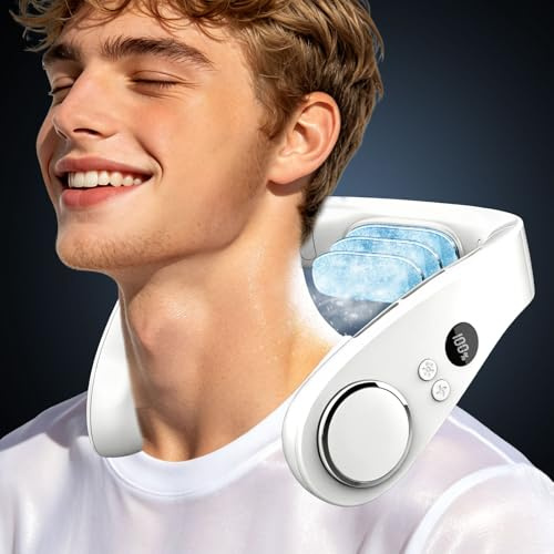 KJXIC Neck Fan with Cooling Plate-24H Quiet Powerful Fans that Blow Cold Air-5 Speed&Power LED Display-USB 5500mAh Bladeless Wearable Personal AC Cooler for Women,Men,Kids,Travel,Outside,Indoor White