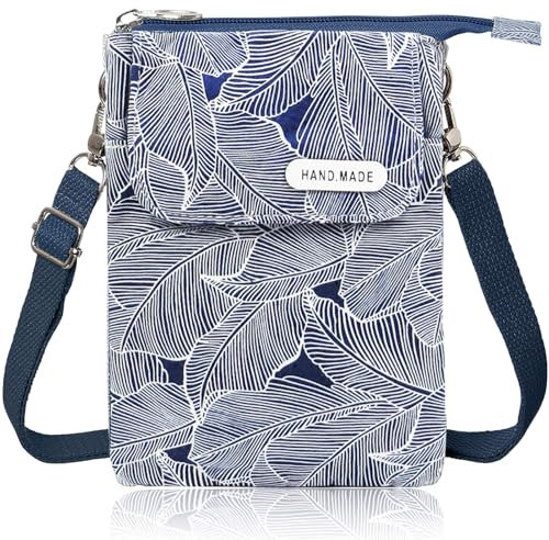 Fiisstina KXF Canvas Cell Phone Purse Wallet Freshing Elegant Leaf Pattern Small Crossbody Bag Lightweight Shoulder Bag Cellphone Pouch with Adjustable Strap for Women Girls