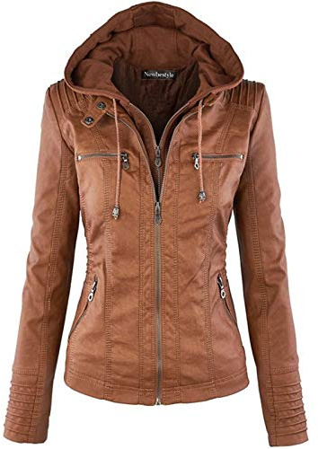 Newbestyle Kunstlederjacke für Damen mit Kapuze, Motorrad-Bikerjacke, durchgehender Reißverschluss, plissierter Übermantel, lässiger Mantel, warme Oberteile, braun, 40