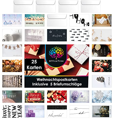 OfficeTree Weihnachtspostkarten 25 Stück A6 mit 5 Umschlägen | Deutsche, englische und spanische Sprüche zu Weihnachten und Neujahr, beidseitig matt lackiert, in Aufbewahrungsbox