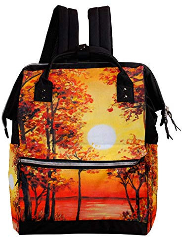 Ölgemälde Herbstwald nahe dem See am Sonnenuntergang Wickeltasche Mumienrucksack große Kapazität Babytasche Multifunktions Reiserucksack Windeltasche Stilltasche für Babypflege