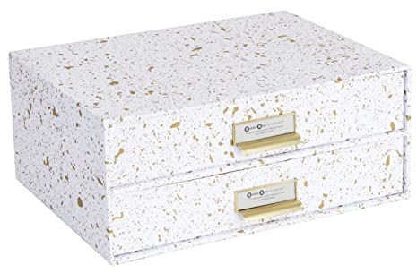 BIGSO BIRGER Schubladenbox – Aufbewahrungsbox mit 2 Schubladen – Schreibtisch Ablage für Dokumente & Bürobedarf – Ablagesystem aus recycelter Faserplatte und Papier – gold gesprenkelt