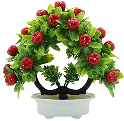 Panonw Lot de 2 pommiers artificiels en pot, mini pommier en pot, faux bonsaï, plante artificielle en pot, imitation bonsaï, pommier