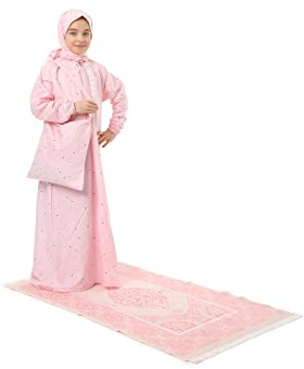 Elanesa Mädchen Gebetskleidung Kinder Islamische Kleidung Kleid mädchen Zweiteilige Kleider Maxi-Gebetskleid mit Reißverschluss, Hijab und Rosenkranzgeschenk Stern gedruckt