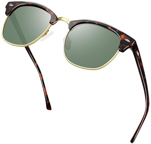 KANASTAL Dark Green Sunglasses Mens Polarised Womens Half Framed Horn Rimmed Sun Glasses Square Female Retro Semi Rimless Browline - Tortoiseshell Green Lens
