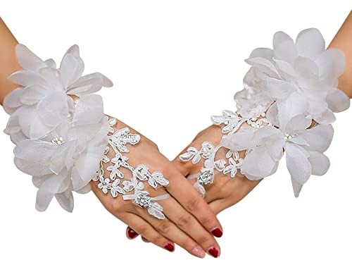 iSpchen Gant Femme Dentelle, Gants de Mariage Sexy Gants Courts Gants De Dentelle Mariée Mitaines De Protection UV Femmes Mariage Floral Gants Sans Doigts pour Fille Mairée Conduire Soirée Blanc