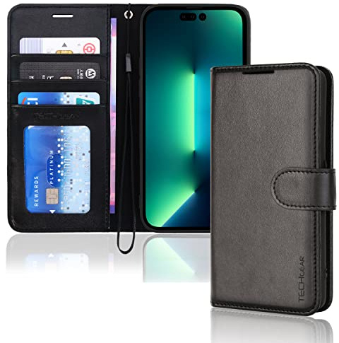 TECHGEAR Etui iPhone iPhone 14 Pro Max Portefeuille - Housse en Cuir avec Rabat de Protection, Fentes pour Cartes, Béquille et Dragonne, Cuir PU Noir Compatible avec iPhone 14 Pro Max 6.7