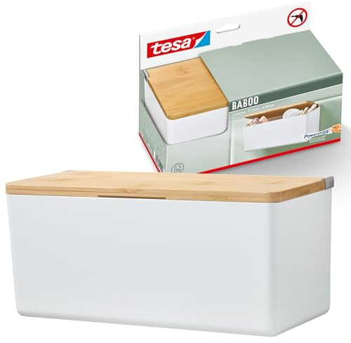 tesa Baboo M organiseringslåda för badrum med bambu lock, vit matt – förvaringslåda för väggmontering utan borrning inkl. tesa Powerstrips Waterproof Strips XL – 242 mm x 110 mm x 102 mm