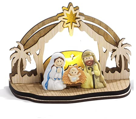 PABEN Presepe Gruppo Natività Spiritoso con Capanna 9.5 cm in Resina e Legno con Luce