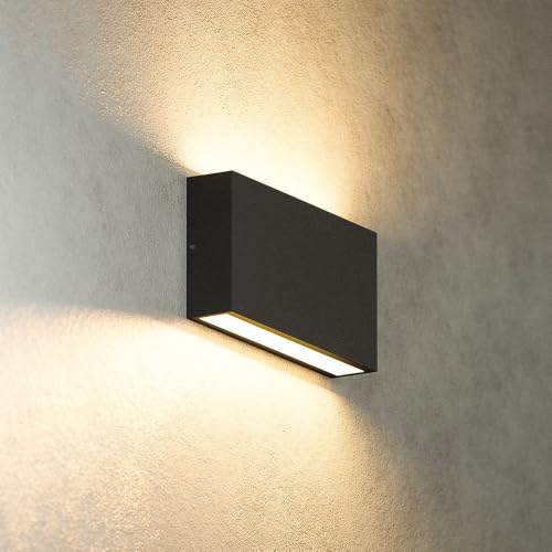 HOFTRONIC - Otis M - LED Wandleuchte Schwarz - Up und Down Modern - 10 Watt 630 Lumen - IP54 für innen, außen und bad - 2700K Warmweiß - Schwarz - Dimmbar - Außenleuchte - 175x90x33 mm