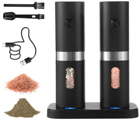 Syaws Elektrisches Pfeffer und Salzmühlen Set, per USB wiederaufladbare Pfeffermühlen mit Ladestation, automatische Pfeffermühle mit LED-Licht, einstellbare Grobheit