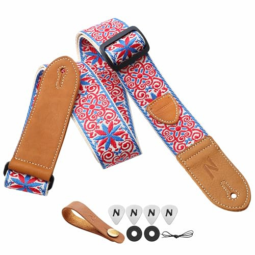 Nefelibata Gitarrengurt,2 Doppelte Lederenden,Vintage Woven W/FREE BONUS-4 Picks+Strap Locks+Strap Button,Bestes Geschenk für Bass,Elektro&Akustik Gitarren für Gitarre(Vintage blau rot Stickerei)