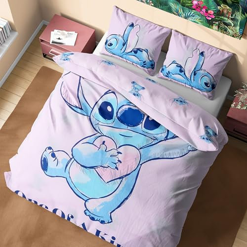 Disney Stitch Juegos de Fundas Nórdicas, Pack con Funda de Edredón y Almohadas - Tamaño Individual o Doble (Rosa Stitch Doble)