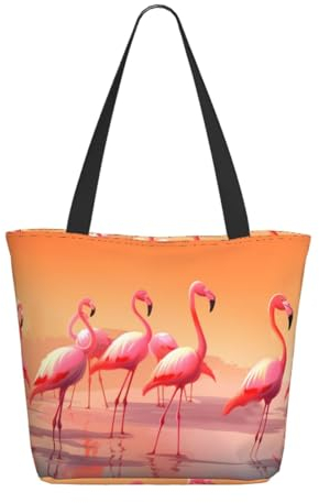 EVANEM Damen-Tragetasche mit Reißverschluss, großes Fassungsvermögen, wiederverwendbar, bunt, Lutscher-Einkaufstasche, waschbare Einkaufstasche, Eine Herde Flamingos, Einheitsgröße