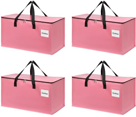 YEUEYS 4 Pack Extra Large Heavy Duty Moving Bags with Reinforced Zipper & Wide Carry Handles, Stylish Pink Storage Totes for Clothes Packing, Dorm Moves & Apartment Organization, Pink