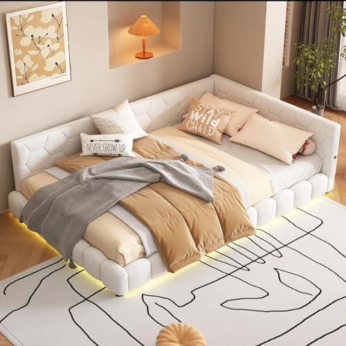 Lit Banquette 140 * 200cm, Lit Moderne avec éclairage d'ambiance en 16 Couleurs, Canapé en Bois avec Connexion USB, matériau Confort,White