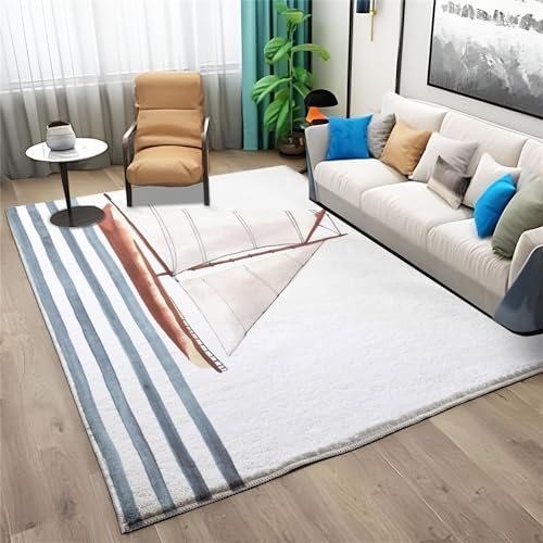 Waschbarer Home Teppich 80x150cm Cartoon-Nautisches Segelschiff-Thema Flauschiger und Rutschfester Kurzflor Teppich Weiß für Esszimmer Wohnzimmer und Schlafzimmer Moderne Deko